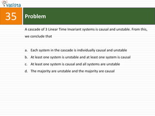 35   Problem

     A cascade of 3 Linear Time Invariant systems is causal and unstable. From this,
     we conclude that


     a. Each system in the cascade is individually causal and unstable
     b. At least one system is unstable and at least one system is causal
     c. At least one system is causal and all systems are unstable
     d. The majority are unstable and the majority are causal
 