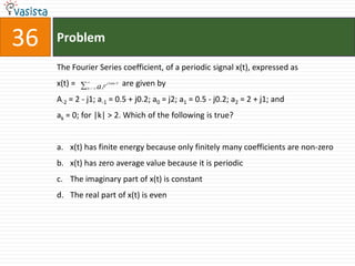 36   Problem

     The Fourier Series coefficient, of a periodic signal x(t), expressed as
     x(t) =    k   ae
                   k
                           are given by
                       j 2 kt / T




     A-2 = 2 - j1; a-1 = 0.5 + j0.2; a0 = j2; a1 = 0.5 - j0.2; a2 = 2 + j1; and
     ak = 0; for |k| > 2. Which of the following is true?


     a. x(t) has finite energy because only finitely many coefficients are non-zero
     b. x(t) has zero average value because it is periodic
     c. The imaginary part of x(t) is constant
     d. The real part of x(t) is even
 