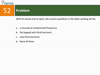 52   Problem

     With S2 closed and S1 open, the current waveform in the delta winding will be


     a. a sinusoid at fundamental frequency
     b. flat topped with third harmonic
     c. only third harmonic
     d. None of these
 