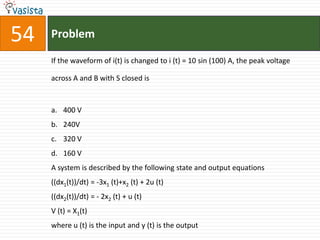 54   Problem

     If the waveform of i(t) is changed to i (t) = 10 sin (100) A, the peak voltage

     across A and B with S closed is


     a. 400 V
     b. 240V
     c. 320 V
     d. 160 V
     A system is described by the following state and output equations
     ((dx1(t))/dt) = -3x1 (t)+x2 (t) + 2u (t)
     ((dx2(t))/dt) = - 2x2 (t) + u (t)
     V (t) = X1(t)
     where u (t) is the input and y (t) is the output
 
