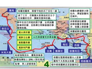 4 佳澳 撒摩尼 米利大島 敘拉古 羅馬 耶路撒冷 該撒利亞 西頓 每拉 船被強風刮去，遭風浪催逼 保羅指揮船上 276 人對抗風浪 船壞，眾人卻都得救 保羅到羅馬，與看守他的兵丁另住一處 過了三天，召集猶太首領並約定日子 在保羅的住所，講解見證神的國。 兩年在自己所租的房子裏，全然放膽 宣揚神的國，並教導主耶穌基督的事， 毫無阻礙。 寫以弗所書 寫歌羅西書 寫腓立比書 寫腓利門書 保羅在聖殿裡被猶太人捉拿 羅馬千夫長救出保羅 暗中將保羅解送至該撒利亞 保羅在總督腓力斯 任內，滯留該撒利 亞兩年。 非斯都接任總督， 欲解保羅至耶路撒 冷，保羅上訴該撒 保羅被解往羅馬 以巴弗提冒死供奉保羅 