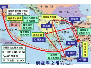 提後四 6 註 2 羅馬 保羅兩次在羅馬坐監 第一次約在 62~64 AD 馬其頓 革哩底 尼哥波立 米利都 第二次坐監： 67 AD 特羅亞 寫提摩太前書 寫提多書 寫 希 伯 來 書 64~67  間獲釋 將提摩太 留在以弗所 將提多 留在革哩底 寫提摩太後書 由於該撒尼羅突然的 逼迫，在羅馬下監。 到羅馬之後 殉 道 以弗所 67 AD 阿尼色弗殷勤 尋找保羅 獨有路加 與我同在 囑提摩太 帶馬可來 