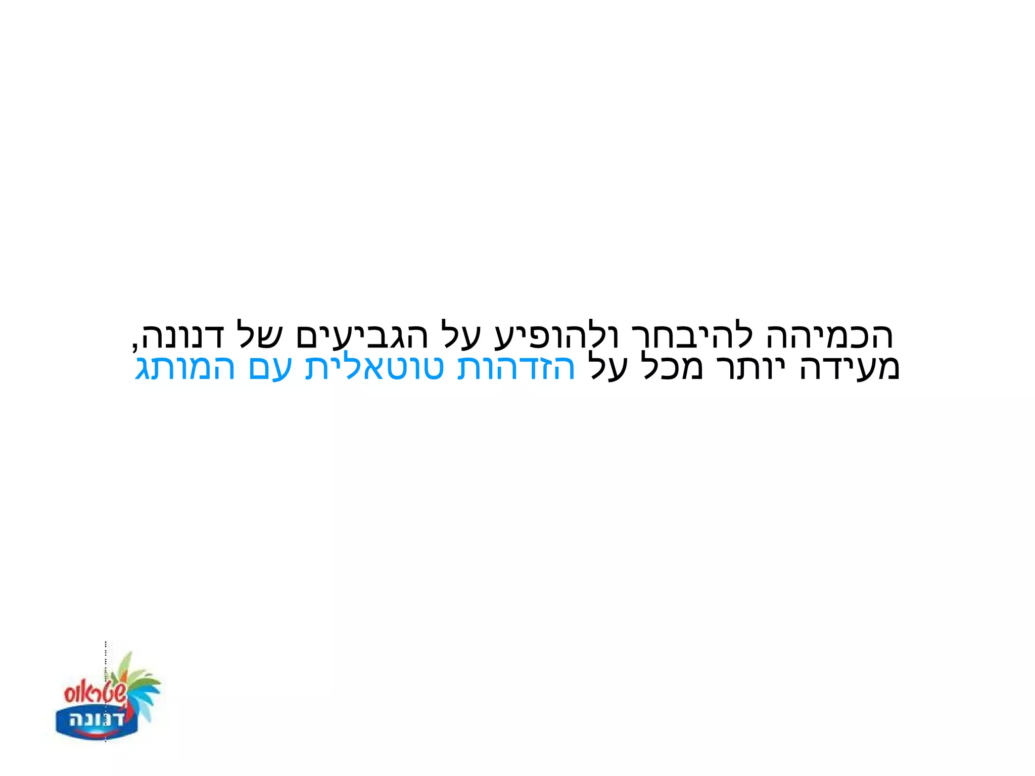 ‫הכמיהה להיבחר ולהופיע על הגביעים של דנונה,‬
‫מעידה יותר מכל על הזדהות טוטאלית עם המותג‬
 