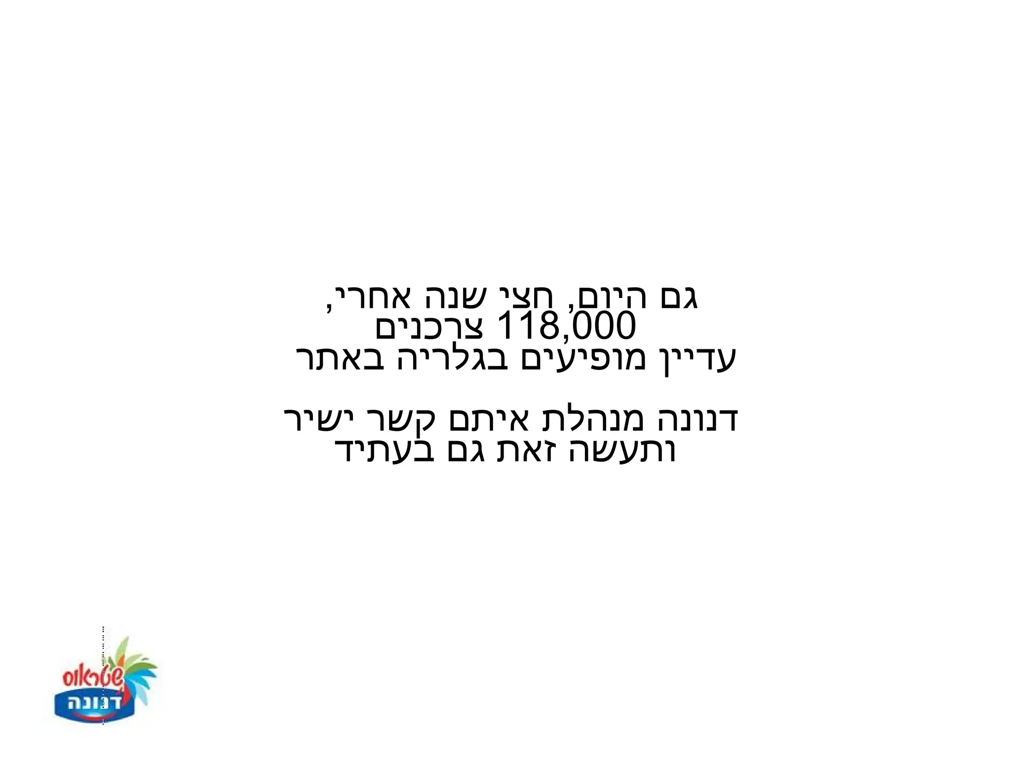 ‫גם היום, חצי שנה אחרי,‬
    ‫000,811 צרכנים‬
‫עדיין מופיעים בגלריה באתר‬
‫דנונה מנהלת איתם קשר ישיר‬
   ‫ותעשה זאת גם בעתיד‬
 