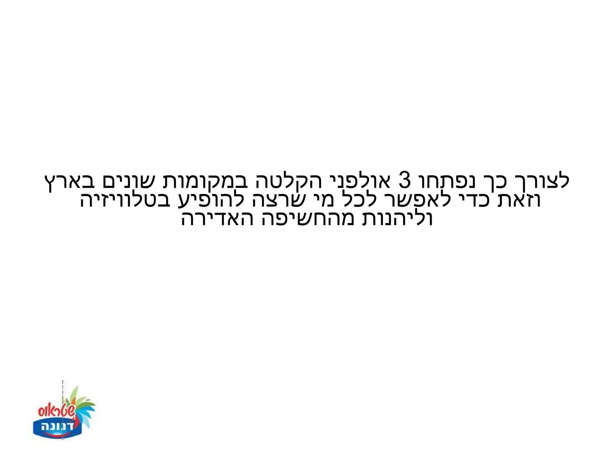 ‫לצורך כך נפתחו 3 אולפני הקלטה במקומות שונים בארץ‬
   ‫וזאת כדי לאפשר לכל מי שרצה להופיע בטלוויזיה‬
             ‫וליהנות מהחשיפה האדירה‬
 
