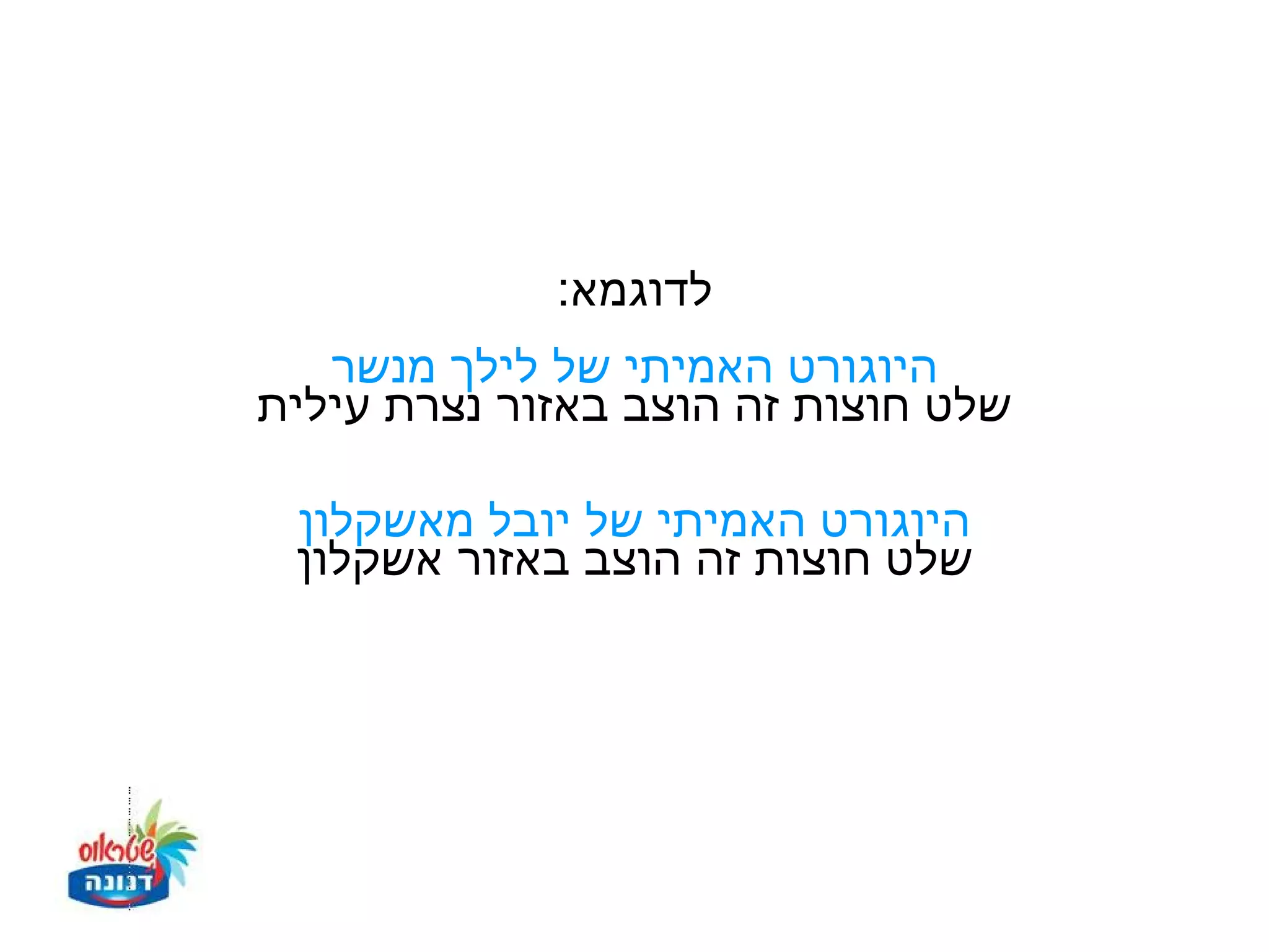 ‫לדוגמא:‬
   ‫היוגורט האמיתי של לילך מנשר‬
‫שלט חוצות זה הוצב באזור נצרת עילית‬

 ‫היוגורט האמיתי של יובל מאשקלון‬
 ‫שלט חוצות זה הוצב באזור אשקלון‬
 