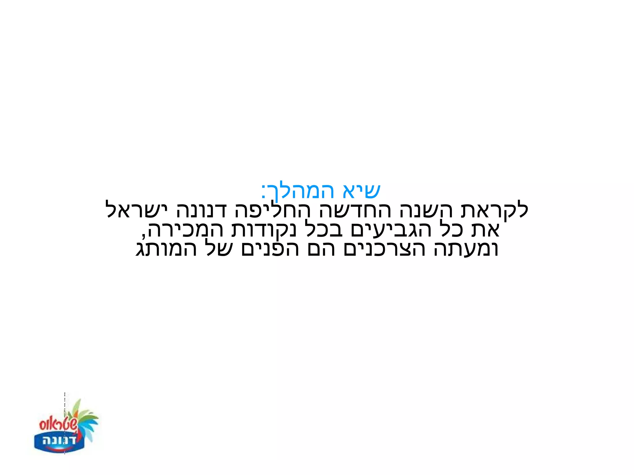 ‫שיא המהלך:‬
‫לקראת השנה החדשה החליפה דנונה ישראל‬
   ‫את כל הגביעים בכל נקודות המכירה,‬
  ‫ומעתה הצרכנים הם הפנים של המותג‬
 