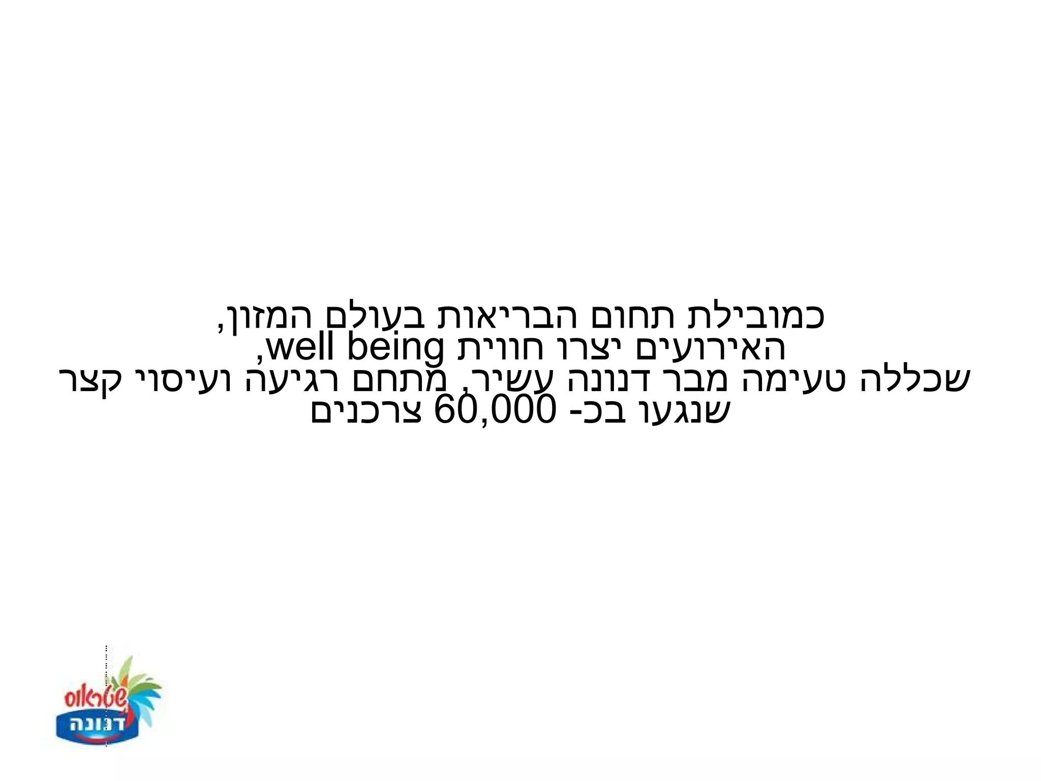 ‫כמובילת תחום הבריאות בעולם המזון,‬
            ‫האירועים יצרו חווית ‪,well being‬‬
‫שכללה טעימה מבר דנונה עשיר, מתחם רגיעה ועיסוי קצר‬
               ‫שנגעו בכ- 000,06 צרכנים‬
 