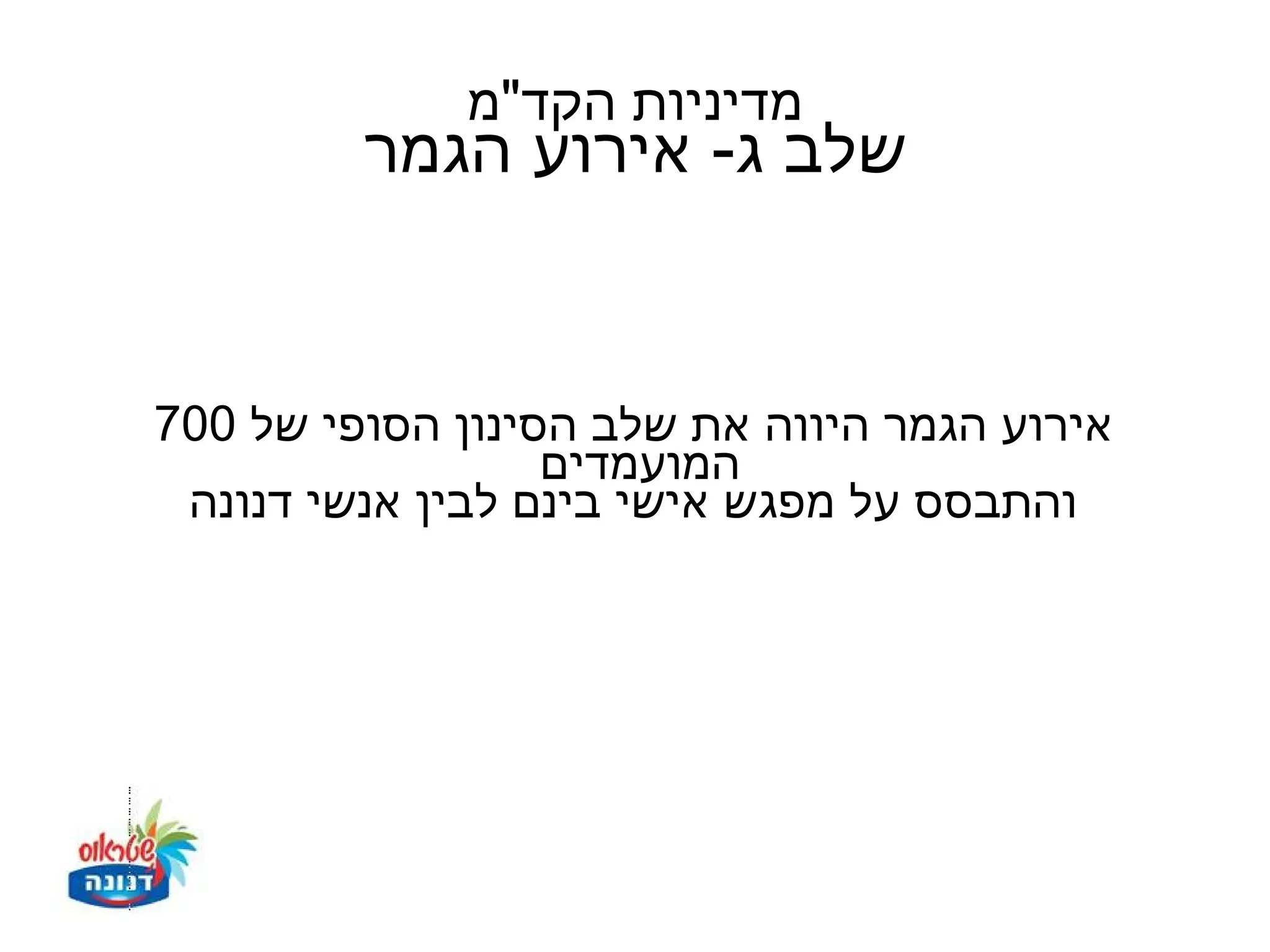 ‫מדיניות הקד"מ‬
         ‫שלב ג- אירוע הגמר‬


‫אירוע הגמר היווה את שלב הסינון הסופי של 007‬
                  ‫המועמדים‬
 ‫והתבסס על מפגש אישי בינם לבין אנשי דנונה‬
 