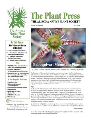 The Plant PressTHE ARIZONA NATIVE PLANT SOCIETY
VOLUME 33, NUMBER 2 FALL 2009
continued page 3
Printed on recycled paper.
The Baboquivari Mountain chain comprises four mountain ranges—the Coyote, Quinlan,
Baboquivari, and Pozo Verde Mountains. While most people do not distinguish these four, they
are separated by deep valleys, have distinct geologic origins, and are composed of different types
of rocks. The northern two-thirds of the chain is from the Jurassic Period (199–145 million
years ago), varying between Early to Middle Jurassic when conifers were the dominant land
plants. The southern third is from the Cretaceous Period (145–65 million year ago), when
angiosperms appeared and Tyrannosaurus rex lived.
Flora
The flora of the Baboquivari Mountain chain contains elements from four distinct regions —
the Petran (Rocky Mountain) Montane Coniferous Forests, Madrean Montane Coniferous
Forests, Chihuahuan Desert, and Sonoran Desert. Examples of the highest elevation Petran
biome are the thistles (Cirsium spp.) with temperate affinities. Higher elevations also support
species from the southern Madrean biome like New Mexico groundsel (Packera neomexicanum).
The more tropical Chihuahuan Desert contributed plants like the white Zinnia (Zinnia acerosa).
Sonoran Desert species grow on both slopes, but are most common on the western slopes, and
include the Saguaro (Carnegiea gigantea).
Species richness is high if you count only species vs. area. For example, the Baboquivari chain
has 785 species in ca. 134,457 acres (54,413 hectares). The much drier but larger Gran Desierto
In this Issue:
The Value and Future
of Floristics
1-4 Baboquivari Mountain Plants
5-9 A Floristic Look at the Ironwood
Forest National Monument
10-13 The Valley of Tehuacán:
Mexico’s Cactus Heaven
13-14 Arizona Plants in California
Plus
2 AZNPS President Honored with Asa
Gray Career Achievement Award
15 Legumes of Arizona —
An Illustrated Flora and Reference
16 Asociación para las Plantas Nativas
de Sonora: Spreading Knowledge
and Appreciation of Plants
& Our Regular Features:
2 President’s Note
8 Education & Outreach
CommitteeReport
9 Conservation Committee Report
17 Ethnobotany
18 Who’s Who at AZNPS
Book review
19 AZNPS Merchandise
20 Membership
Copyright © 2009. Arizona Native Plant
Society. All rights reserved.
Special thanks from the editors to all who
contributed time and efforts to this issue.
above San Francisco River leatherpetal (Graptopetalum rusbyi) is one of the rare plants in the
Baboquivari ranges. Photo courtesy Thomas Vize.
Baboquivari Mountain Plants
by Daniel F. Austin, Arizona-Sonora Desert Museum and University of Arizona
 