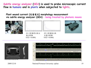Subtle energy analyzer (SEA) is used to probe microscopic current 
flow in humans and in plants when subjected to lights. ...