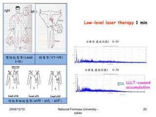 Low-level laser therapy 1 min 
2009/12/10 National Formosa University - 
cpliao 
20 
雙極肢電導(Lead 
I~III) 
胸電導(V1~V6) 
增強單極肢...