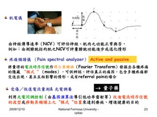 由神經傳導速率（NCV）可評估神經、肌肉之功能正常與否， 
例如：由測膀胱括約肌之NCV可評量膀胱功能進步或退化情形 
Active and passive 
將量得的電流時序信號作傅立葉轉換（Fourier Transform）發掘出各種疼痛...
