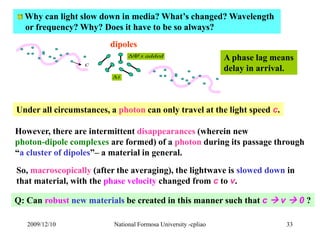Why can light slow down in media? What’s changed? Wavelength 
or frequency? Why? Does it have to be so always? 
dipoles 
...
