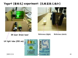 Yogurt (優酪乳) experiment: (乳酸菌數已飽和) 
IR laser Green laser Reference (light) Reference (dark) 
UV light tube (252 nm) 
2009/...