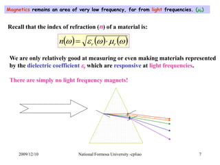 Magnetics remains an area of very low frequency, far from light frequencies. (r) 
Recall that the index of refraction (n)...
