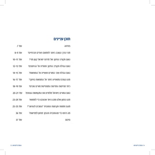 ‫להוראה‬ ‫הטובים‬ | 45 | ‫להוראה‬ ‫הטובים‬
‫עניינים‬ ‫תוכן‬
7 '‫עמ‬ 	‫ה‬‫פתיח‬
8-9 '‫עמ‬ 	?‫חברתיים‬ ‫פערים‬ ‫לצמצום‬ ‫ביותר‬ ‫הטובה‬ ‫הדרך‬ ‫מהי‬
10-11 '‫עמ‬ 	?‫מדי‬ ‫קטן‬ ‫ישראל‬ ‫מדינת‬ ‫של‬ ‫החינוך‬ ‫תקציב‬ ‫האם‬
12-13 '‫עמ‬ 	?‫ההישגים‬ ‫על‬ ‫תשפיע‬ ‫החינוך‬ ‫תקציב‬ ‫הגדלת‬ ‫האם‬
14-15 '‫עמ‬ 	?‫התוצאות‬ ‫על‬ ‫תשפיע‬ ‫המורים‬ ‫שכר‬ ‫הגדלת‬ ‫האם‬
16-17 '‫עמ‬ 	?‫בחינוך‬ ‫התוצאות‬ ‫על‬ ‫ביותר‬ ‫המשפיע‬ ‫הגורם‬ ‫מהו‬
18-19 '‫עמ‬ 	?‫טובים‬ ‫מורים‬ ‫המצטיינות‬ ‫המדינות‬ ‫מגייסות‬ ‫כיצד‬
20-21 '‫עמ‬ ?‫הנכונים‬‫המקצועות‬‫את‬‫מלמדים‬‫בישראל‬‫המורים‬‫האם‬
23-24 '‫עמ‬ 	?‫לממשו‬ ‫כדי‬ ‫שהצבנו‬ ‫היעד‬ ‫ומהו‬ ‫שלנו‬ ‫החזון‬ ‫מהו‬
25-35'‫עמ‬ 	?"‫להוראה‬ ‫"הטובים‬ ‫התוכנית‬ ‫עקרונות‬ ‫חמשת‬ ‫מהם‬
36 '‫עמ‬ 	?‫למציאות‬ ‫מחזון‬ ‫תהפוך‬ ‫שהתוכנית‬ ‫כדי‬ ‫דרוש‬ ‫מה‬
37 '‫עמ‬ 	‫ם‬‫סיכו‬
 
