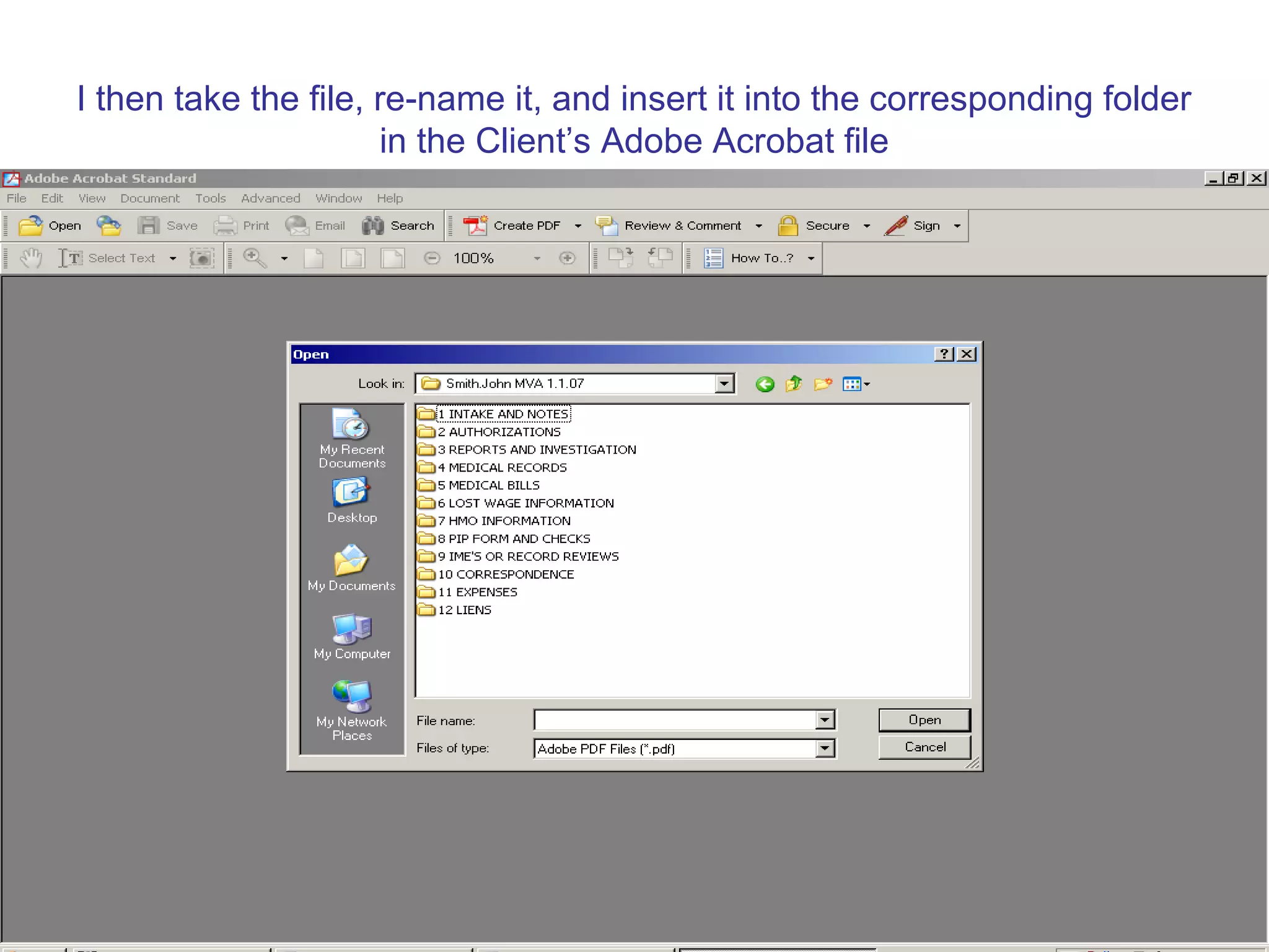 I then take the file, re-name it, and insert it into the corresponding folder
in the Client’s Adobe Acrobat file
 