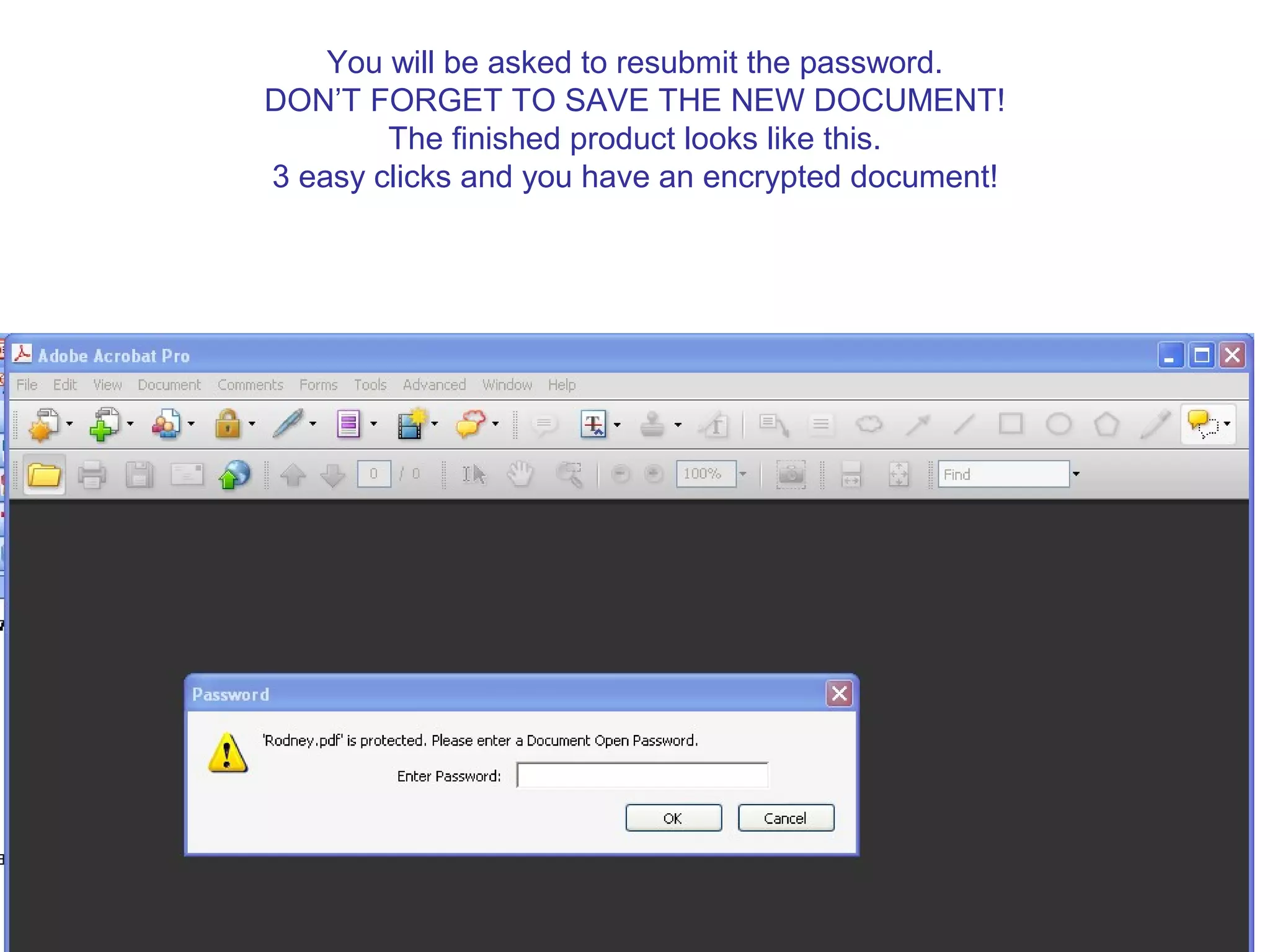 You will be asked to resubmit the password.
DON’T FORGET TO SAVE THE NEW DOCUMENT!
The finished product looks like this.
3 easy clicks and you have an encrypted document!
 