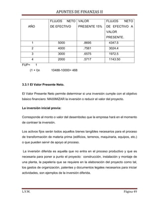 APUNTES DE FINANZAS II
L.V.M. Página 49
AÑO
FLUJOS NETO
DE EFECTIVO
VALOR
PRESENTE 15%
FLUJOS NETO
DE EFECTIVO A
VALOR
PRESENTE.
1 5000 .8695 4347.5
2 4000 .7561 3024.4
3 3000 .6575 1972.5
4 2000 .5717 1143.50
FUP= 1
(1 + I)n 10488-10000= 488
3.3.1 El Valor Presente Neto.
El Valor Presente Neto permite determinar si una inversión cumple con el objetivo
básico financiero: MAXIMIZAR la inversión o reducir el valor del proyecto.
La inversión inicial previa:
Corresponde al monto o valor del desembolso que la empresa hará en el momento
de contraer la inversión.
Los activos fijos serán todos aquellos bienes tangibles necesarios para el proceso
de transformación de materia prima (edificios, terrenos, maquinaria, equipos, etc.)
o que pueden servir de apoyo al proceso.
La inversión diferida es aquella que no entra en el proceso productivo y que es
necesaria para poner a punto el proyecto: construcción, instalación y montaje de
una planta, la papelería que se requiere en la elaboración del proyecto como tal,
los gastos de organización, patentes y documentos legales necesarios para iniciar
actividades, son ejemplos de la inversión diferida.
 