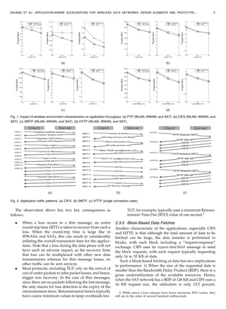 The observation above has two key consequences as
follows:
. When a loss occurs to a thin message, an entire
round-trip time (RTT) is taken to recover from such a
loss. When the round-trip time is large like in
WWANs and SATs, this can result in considerably
inflating the overall transaction time for the applica-
tions. Note that a loss during the data phase will not
have such an adverse impact, as the recovery from
that loss can be multiplexed with other new data
transmissions whereas for thin message losses, no
other traffic can be sent anyway.
. Most protocols, including TCP, rely on the arrival of
out-of-order packets to infer packet losses, and hence,
trigger loss recovery. In the case of thin messages,
since there are no packets following the lost message,
the only means for loss detection is the expiry of the
retransmission timer. Retransmission timers typically
have coarse minimum values to keep overheads low.
TCP, for example, typically uses a minimum Retrans-
mission Time Out (RTO) value of one second.2
2.3.2 Block-Based Data Fetches
Another characteristic of the applications, especially CIFS
and HTTP, is that although the total amount of data to be
fetched can be large, the data transfer is performed in
blocks, with each block including a “request-response”
exchange. CIFS uses its request-data-block message to send
the block requests, with each request typically requesting
only 16 to 32 KB of data.
Such a block-based fetching of data has two implications
to performance: 1) When the size of the requested data is
smaller than the Bandwidth Delay Product (BDP), there is a
gross underutilization of the available resources. Hence,
when the SAT network has a BDP of 128 KB and CIFS uses a
16 KB request size, the utilization is only 12.5 percent.
ZHUANG ET AL.: APPLICATION-AWARE ACCELERATION FOR WIRELESS DATA NETWORKS: DESIGN ELEMENTS AND PROTOTYPE... 3
Fig. 2. Application traffic patterns. (a) CIFS. (b) SMTP. (c) HTTP (single connection case).
Fig. 1. Impact of wireless environment characteristics on application throughput. (a) FTP (WLAN, WWAN, and SAT). (b) CIFS (WLAN, WWAN, and
SAT). (c) SMTP (WLAN, WWAN, and SAT). (d) HTTP (WLAN, WWAN, and SAT).
2. While newer Linux releases have lower minimum RTO values, they
still are in the order of several hundred milliseconds.
 