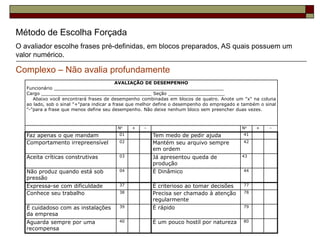 Método de Escolha Forçada
O avaliador escolhe frases pré-definidas, em blocos preparados, AS quais possuem um
valor numérico.
Complexo – Não avalia profundamente
AVALIAÇÃO DE DESEMPENHO
Funcionário ____________________________________________________________
Cargo _______________________________________ Seção ____________________
Abaixo você encontrará frases de desempenho combinadas em blocos de quatro. Anote um "x" na coluna
ao lado, sob o sinal "+"para indicar a frase que melhor define o desempenho do empregado e também o sinal
"-"para a frase que menos define seu desempenho. Não deixe nenhum bloco sem preencher duas vezes.
No + - No + -
Faz apenas o que mandam 01 Tem medo de pedir ajuda 41
Comportamento irrepreensível 02 Mantém seu arquivo sempre
em ordem
42
Aceita críticas construtivas 03 Já apresentou queda de
produção
43
Não produz quando está sob
pressão
04 É Dinâmico 44
Expressa-se com dificuldade 37 É criterioso ao tomar decisões 77
Conhece seu trabalho 38 Precisa ser chamado à atenção
regularmente
78
É cuidadoso com as instalações
da empresa
39 É rápido 79
Aguarda sempre por uma
recompensa
40 É um pouco hostil por natureza 80
 