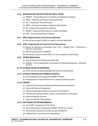 PLAN DE INSTRUCCIÓN PARA RESCATISTA – PARAMEDICO Y BOMBERO
Junta Nacional de Bomberos Voluntarios de Bolivia - Academia Nacional de Bomberos
PARTE 2 – ACADEMIA NACIONAL DE RESCATE, PARAMEDICOS Y BOMBEROS
Rev. MGV Abril/2009
2 - 6
2.4.6. MANUALES DE INSTRUCCIÓN DE OFDA- USAID.
(a) PRIMAP – Primera Respuesta a Incidentes con Materiales Peligrosos.
(b) APAA – Asistentes de Primeros Auxilios Avanzados.
(c) CPI – Capacitación Para Instructores.
(d) EDAN – Evaluación de Daños y Análisis de Necesidades.
(e) SCI – Sistema de Comando de Incidentes.
(f) BAGER – Bases de Administración en Gestión del Riesgo.
(g) CBF – Curso para Bomberos Forestales.
2.4.7. RAB: Reglamentación Aeronáutica Boliviana.
Se tiene acceso a todas las RAB´s en español y formato digital (pdf).
2.4.8. OACI: Organización de Aviación Civil Internacional.
(a) Manual de Servicios de Aeropuerto (Doc. 9137 – AN/898) Parte 1 Salvamento y
Extinción de Incendios.
(b) Manual de Operaciones TRAINAIR.
Se tiene acceso a todos los Anexo OACI (1 al 18) en español y formato digital.
2.4.9. OTROS MANUALES.
(a) Guía de Respuesta a Emergencias GRE 2008.
(b) HAZMAT - Primer Respondedor de Incidentes con Materiales Peligrosos – Bomberos
de Chile.
2.4.10. AYUDAS VISUALES IMPRESAS.
(a) Planos del área de responsabilidades del Servicio de Emergencias.
2.4.11. AYUDAS VISUALES EN FORMATO DIGITAL.
(a) Guía de Respuesta a Emergencias HAZMAT (ERGO).
(b) Presentaciones en formato Power Point y videos de todos los Cursos.
2.4.12. VIDEOS.
(a) Videos de Entrenamiento de Bomberos Estructurales y Aeronáuticos.
(b) Videos del Planes de Emergencias.
(c) Videos de Seguridad Industrial y Evacuación de Emergencia.
(d) Películas de Accidentes Aéreos y Planes de Emergencias de Aeropuerto.
(e) Videos de Rescate Vehicular.
(f) Videos de Atención Prehospitalaria.
2.4.13. SOFTWARE DE ENTRENAMIENTO.
(a) Curso ARFF completo de la FAA. EE.UU.
(b) Guía de Respuesta a Emergencias HAZMAT (ERGO de Canutec)
(c) Herramientas hidráulicas de entrada forzada HOLMATRO.
(d) Software BTLS, entrenamiento de Paramédicos.
 
