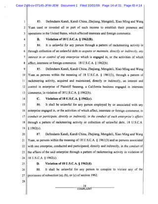 5
10
15
20
25
2
3
4
6
7
8
9
11
12
13
14
16
17
18
19
21
22
23
24
26
27
28
83. Defendants Kandi, Kandi China, Zhejiang, Mengdeli, Xiao Ming and Wang
Yuan used or invested all or part of such income to establish their presence and
operations in the Vnited States, which affected interstate and foreign commerce.
B. Violation of 18 V.S.C.A. § 1962(B).
84. It is unlawful for any person through a pattern of racketeering activity or
through collection of an unlawful debt to acquire or maintain, directly or indirectly, any
interest in or control of any enterprise which is engaged in, or the activities of which
affect, interstate or foreign commerce. 18 V.S.C.A. § 1962(b).
85. Defendants Kandi, Kandi China, Zhejiang, Mengdeli, Xiao Ming and Wang
Yuan as persons within the meaning of 18 V.S.C.A. § 1961(3), through a pattern of
racketeering activity, acquired and maintained, directly or indirectly, an interest and
control in enterprise of Ph;lintiff Seaseng, a California business engaged in interstate
commerce, in violation of 18 V.S.C.A. § 1962(b).
C. Violation of 18 V.S.C.A. § 1962(c).
86. It shall be unlawful for any person employed by or associated with any
enterprise engaged in, or the activities of which affect, interstate or foreign commerce, to
conduct or participate, directly or indirectly, in the conduct ofsuch enterprise's affairs
through a pattern of racketeering activity or collection of unlawful debt. 18 V.S.C.A.
§ 1962(c).
87. Defendants Kandi, Kandi China, Zhejiang, Mengdeli, Xiao Ming and Wang
Yuan, as persons within the meaning of 18 V.S.C.A. § 1961(3) and as persons associated
with one enterprise, conducted and participated, directly and indirectly, in the conduct of
the affairs of the said enterprise through a pattern of racketeering activity in violation of
18 U.S.C.A. § 1962(c).
D. Violation of 18 V.S.C.A. § 1962(d).
88. It shall be unlawful for any person to conspire to violate any of the
provisions of subsection (a), (b), or (c) of section 1962.
14
COMPLAINT
Case 2:09-cv-07145-JFW-JEM Document 1 Filed 10/01/09 Page 14 of 31 Page ID #:14
 