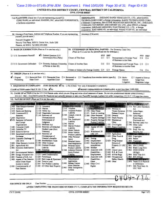 - -
UNITED STATES DISTRICT COURT, CENTRAL DISTRICT OF CALIFORNIA

CIVIL COVER SHEET

I (a) PLAINTIFFS (Check box ifyou are representing yourself0) DEFENDANTS ZHEJlANG KANDI VEHICLES CO., LTO., a/kJa KANDl
CONG WANG, an individual; SEASENG, INC., alkJa KMD POWERSPORTS, TECHNOLOGIES CORP, a foreign corporation; KANDI TECHNOLOGIES CORP.,
a California corporation a Delaware Corporation, flkJa STONE MOUNTAIN RESOURCES, INC.; ZHEJIANG
YONKANG TOP IMPORT AND EXPORT CO. LTD., a/kJa DINGJI, a foreign
corporation; ZHEJIANG MENGDELI ELECTRONIC CO., LTO.; a foreign
corporation; XlAO MING HU, an individual; WANG YUAN HU, an individual
(b) Attorneys (Firm Name, Address and Telephone Number. If you are representing Attorneys (If Known)
yourself, provide sameT--------------- ----------- -----=----t----'----- -----------
Polsinelli Shughart PC
Security Title Plaza, 3636 N. Central Ave., Suite 1200
Phoenix, AZ 85012, Tel:(602) 650-2000
II. BASIS OF JURISDICTION (Place an X in one box only.) HI.	 CITIZENSHIP OF PRINCIPAL PARTIES - For Diversity Cases Only
(Place an X in one box for plaintiffand one for defendant.)
o I U.S. Government Plaintiff !iI1'3 Federal Question (U.S. PTF DEF PTF DEF
Government Not a Party) Citizen ofThis State 01 01 Incorporated or Principal Place 04 04
ofBusiness in this State
02 U.S. Government Defendant 04 Diversity (Indicate Citizenship Citizen of Another State 02 02 Incorporated and Principal Place 05 05
of Parties in Item Ill) of Business in Another State
Citizen or Subject ofa Foreign Country 03 03 Foreign Nation 06 06
IV.	 ORIGIN (Place an X in one box only.)
cit	 Original 02 Removed from 0 3 Remanded from 04 Reinstated or 0 5 Transferred from another district (specify): 06 Multi- o 7 Appeal to District
Proceeding State Court Appellate Court Reopened District Judge from
Litigation Magistrate Judge
V. REQUESTED IN COMPLAINT: JURY DEMAND: flYes 0 No (Check 'Yes' only ifdemanded in complaint.)

CLASS ACTION under F.R-C.P. 23: 0 Yes IiNo riMONEY DEMANDED IN COMPLAINT: $ not less than 3,000,000

VI. CAUSE OF ACTION (Cite the U.S. Civil Statute under which you are filing and write a briefstatement ofcause. Do not cite jurisdictional statutes unless diversity.)
18 U.S.c. 1962 -- Civil RICO action for fraudulent and unlawful attempts to take over Plaintiffs' business; Lanham Act unfair competition IS U.SC J125;state law claims
VII; NATURE OF SUIT (Place an X in one box only.)
~'
0400 State Reapportionment 0110 Insurance
0410 Antitrust 0120 Marine Airplane Motions to
0430 Banks and Banking 0130 Miller Act Airplane Product 0370 Other Fraud Vacate Sentence 0720
0450 CommercellCC 0140 Negotiable Instrument Liability 0371 Truth in Lending Habeas Corpus
Rates!etc. o 150 Recovery of 0320 Assault, Libel & 0380 Other Personal 0530 General 0730
~460 Deportation
470 Racketeer Infl uenced
and Corrupt
Organizations
o480 Consumer Credit
o490 Cable/Sat TV
o 810 Selective Service
o 850 Securities!Commodities!
Exchange
0151
0152
0153
Overpayment &
Enforcement of
Judgment
Medicare Act
Recovery of Defaulted
Student Loan (Excl.
Veterans)
Recovery of
Overpayment of
0330
0340
0345
0350
0355
0360
Slander
Fed. Employers'
Liability
Marine
Marine Product
Liability
Motor Vehicle
Motor Vehicle
Product Liability
Other Personal
Property Damage 0535 Death Penalty
0385 Property Damage 0540 Mandamus!
Product Liabili?i Other
0550 Civil Rights•• UII •
0422 Appeal 28 USC 0555 Prison Condition
158
0423 Withdrawal 28
USC 157 0610 Agriculture
·0620 Other Food &
0740
0790
FOR OFFICE USE ONLY: Case Number:
AFTER COMPLETING THE FRONT SIDE OF FORM cv·n. COMPLETE THE INFORMATION REQUESTED BELOW.
Drug
0625 Drug Related
Seizure of ,i~~t
Property 2I USC 0861 HIA (l395ft)
881 0862 Black Lung (923)
0630 Liquor Laws 0863 D1WC/DIWW
0640 R.R. & Truck (405(g))
0650 Airline Regs 0864 ssm Title XVI
0660 Occupational
Safety !Health ~r,
0690	 Other 0870 Taxes (U.S. Plaintiff
or Defendant)
0871 IRS-Third Party 26
USC 7609
CI (JG)- 71II>
_
0875	 Customer Challenge 12
USC 3410
0890 Other Statutory Actions
0891 Agricultural Act
0892 Economic Stabilization
Act
0893 Environmental Matters
0894 Energy Allocation Act
0895 Freedom oflnfo. Act
o900 Appeal ofFee Deterrni-
nation Under Equal
Access to Justice
0950	 Constitutionality of
Stale Statutes
Veteran's Benefits
0160 Stockholders' Suits
0190 Other Contract
0195 Contract Product
Liability
0196 Franchise
0210 Land Condemnation
0220 Foreclosure
0230 Rent Lease & Ejectment
0240 Torts to Land
o 245 Tort Product Liability
0290 All Other Real Property
Injury 0441
0362 Personal Injury­ 0442
Med Malpractice 0443
0365 Personal Injury-
Product Liability 0444
0368 Asbestos Personal 0445
Injury Product
Lilli
..--0446
o 462	 Naturalization
Application
0463 Habeas Corpus­ 0440
Alien Detainee
0465 Other Immigration
Actions
Voting
Employment
Housing!Acco­
mmodations
Welfare
American with
Disabilities ­
Employment
American with
Disabilities ­
Other
Other Civil
Rights
CV-71 (05/08) CIVIL COVER SHEET	 Page lof2
Case 2:09-cv-07145-JFW-JEM Document 1 Filed 10/01/09 Page 30 of 31 Page ID #:30
 