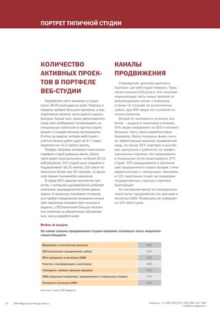 ПОРтРЕт тИПИЧНОй СтуДИИ




                           кОлИЧЕСтвО                                      кАНАлы
                           АктИвНых ПРОЕк‑                                 ПРОДвИЖЕНИя
                           тОв в ПОРтфЕлЕ                                     Утверждение «реклама-двигатель
                                                                           торговли» для веб-студий неверно. Пред-
                           вЕб‑СтуДИИ                                      лагая сложные b2b-услуги, они получают
                                                                           подавляющую часть новых заказов по
                              Разработка сайта занимает у студии           рекомендациям коллег и знакомых,
                           около 38-40 календарных дней. Порталы и         а также по ссылкам на выполненных
                           сервисы требуют большего времени, а кор-        сайтах. Для 89% фирм это основной ис-
                           поративные визитки часто удается сделать        точник клиентов.
                           быстрее. Кроме того, сроки увеличиваются,          Второй по значимости источник кли-
                           когда сайт необходимо согласовывать на          ентов — выдача в поисковых системах.
                           специальных комиссиях в крупных корпо-          54% фирм направляют на SEO и контекст
                           рациях и государственных организациях.          большую часть своих маркетинговых
                           В итоге за квартал типовая веб-студия с         бюджетов. Около половины фирм счита-
                           учетогм мелких работ сдает до 6-7 новых         ют эффективным каналом продвижения
                           проектов или по 2 сайта в месяц.                пиар, но только 31% участвует в выстав-
                              Разброс объемов активного клиентского        ках, дискуссиях и рейтингах на профес-
                           портфеля студий довольно велик. Около           сиональных порталах. На продвижении
                           трети фирм пока выполнили не более 10-15        в социальных сетях акцентируется 27%
                           веб-ресурсов. 22% студий ушли недалеко и        студий. 32% вкладываются в организа-
                           поддерживают 16-25 сайтов. 23% могут по-        цию традиционного отдела продаж с теле-
                           хвастаться более чем 50 сайтами, но выше        маркетологами и «холодными» звонками,
                           этой планки понимаются немногие.                а 12% пристально следят за тендерами
                              В сфере SEO среднее количество про-          государственных структур и крупных
                           ектов, с которыми одновременно работает         корпораций.
                           компания, распределяется более равно-              На последнем месте по популярности
                           мерно. А поскольку поисковая оптимиза-          такой канал продвижения как реклама в
                           ция требует ежедневного внимания (иначе         печатных СМИ. Размещать ее собирают-
                           сайт заказчика потеряет свои позиции в          ся 10% веб-студий.
                           выдаче), у SEO-компаний больше постоян-
                           ных клиентов на абонентском обслужива-
                           нии, чем у разработчиков.

                           Война за выдачу
                           На какие каналы продвижения студии направят основную часть маркетин‑
                           гового бюджета

                            Медийная и контекстная реклама                                    54%

                            SEO (поисковое продвижение сайта)                                 54%

                            PR в интернете и печатных СМИ                                     53%

                            Участие в конференциях, выставках                                 36%

                            «Холодные» звонки, прямые продажи                                 32%

                            SMO (вирусный маркетинг, продвижение в социальных медиа)          27%

                            Реклама в печатных СМИ                                            10%

                           Источник: опрос CMS Magazine




13   CMS Magazine & Ratingruneta.ru                                                            Телефоны: +7 (495) 976-3751, 639-7694, 517-7847
                                                                                                                           info@cmsmagazine.ru
 