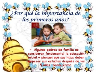 Necesidad de ofrecer estimulación temprana a los niños Recibir adecuada educación tan pronto como sea posible está asociada a los procesos de desarrollo cerebral. La Educación Precoz en los niños tiene un impacto que perdura hasta la edad adulta. Sólo en los primeros años de vida es posible aprender muchas habilidades, por ejemplo, otros idiomas, que más tarde sería muy difícil dominar.