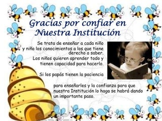 Nuestra Institución refuerza la Educación Inicial para favorecer un mejor desempeño de los niños en grados posteriores. Así buscamos obtener excelentes resultados en los estudiantes al terminar y primaria y el bachillerato estamos totalmente seguros que esta metodología es muy buena y en  un futuro no muy lejano veremos los resultados; posesionando nuestro Colegio entre los primeros académicamente en  Colombia, lo mismo que nuestros ex alumnos como las mejores personas que, vivencia  la fe y los valores del evangelio y grandes profesionales del mundo entero.      