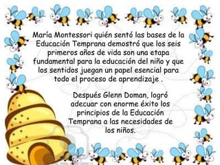 María Montessori quién sentó las bases de la Educación Temprana demostró que los seis primeros años de vida son una etapa fundamental para la educación del niño y que los sentidos juegan un papel esencial para todo el proceso de aprendizaje . Después Glenn Doman, logró adecuar con enorme éxito los principios de la Educación Temprana a las necesidades de los niños. 