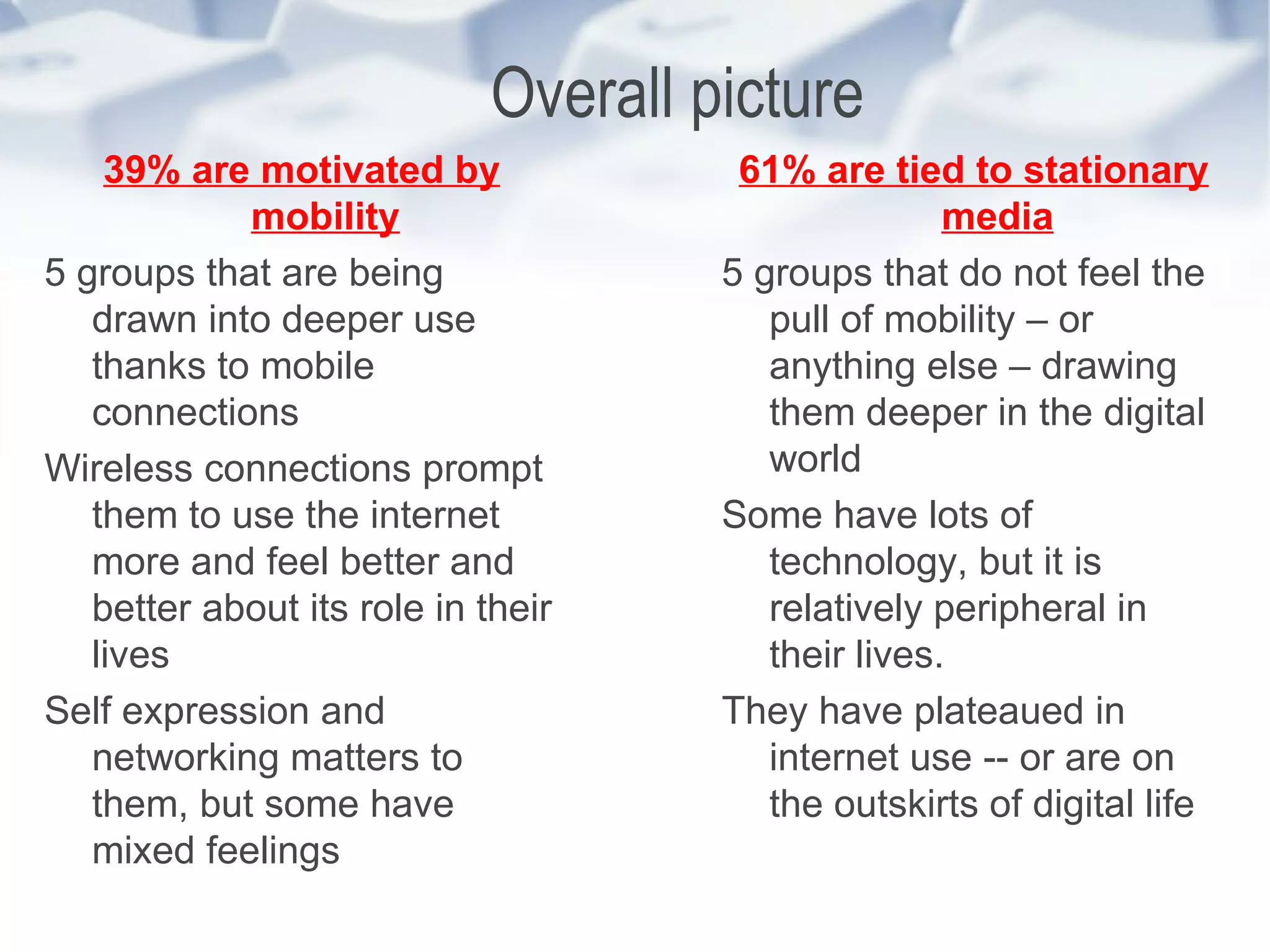 Overall picture 39% are motivated by mobility 5 groups that are being drawn into deeper use thanks to mobile connections Wireless connections prompt them to use the internet more and feel better and better about its role in their lives Self expression and networking matters to them, but some have mixed feelings 61% are tied to stationary media 5 groups that do not feel the pull of mobility – or anything else – drawing them deeper in the digital world Some have lots of technology, but it is relatively peripheral in their lives.  They have plateaued in internet use -- or are on the outskirts of digital life 