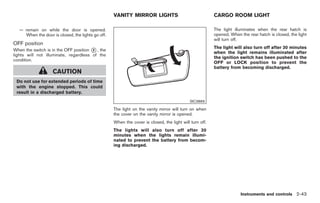 Black plate (97,1)




                                                   VANITY MIRROR LIGHTS                                 CARGO ROOM LIGHT

   — remain on while the door is opened.                                                                The light illuminates when the rear hatch is
     When the door is closed, the lights go off.                                                        opened. When the rear hatch is closed, the light
                                                                                                        will turn off.
OFF position
                                                                                                        The light will also turn off after 30 minutes
When the switch is in the OFF position * , the
                                       3
                                                                                                        when the light remains illuminated after
lights will not illuminate, regardless of the
                                                                                                        the ignition switch has been pushed to the
condition.
                                                                                                        OFF or LOCK position to prevent the
                                                                                                        battery from becoming discharged.
                    CAUTION
 Do not use for extended periods of time
 with the engine stopped. This could
 result in a discharged battery.
                                                                                            SIC3869

                                                   The light on the vanity mirror will turn on when
                                                   the cover on the vanity mirror is opened.
                                                   When the cover is closed, the light will turn off.
                                                   The lights will also turn off after 30
                                                   minutes when the lights remain illumi-
                                                   nated to prevent the battery from becom-
                                                   ing discharged.




                                                                                                                     Instruments and controls 2-43



                                                                                                             Model "Z34-D" EDITED: 2009/ 3/ 30
 