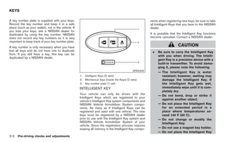 Black plate (104,1)




KEYS

A key number plate is supplied with your keys.                                                             nents when registering new keys, be sure to take
Record the key number and keep it in a safe                                                                all Intelligent Keys that you have to the NISSAN
place (such as your wallet), not in the vehicle. If                                                        dealer.
you lose your keys, see a NISSAN dealer for
duplicates by using the key number. NISSAN                                                                 It is possible that the Intelligent Key functions
does not record any key numbers so it is very                                                              become canceled. Contact a NISSAN dealer.
important to keep track of your key number plate.
A key number is only necessary when you have
                                                                                                                                CAUTION
lost all keys and do not have one to duplicate                                                              .   Be sure to carry the Intelligent Key
from. If you still have a key, this key can be
                                                                                                                with you when driving. The Intelli-
duplicated by a NISSAN dealer.
                                                                                                                gent Key is a precision device with a
                                                                                                                built-in transmitter. To avoid dama-
                                                                                                                ging it, please note the following.
                                                                                                 SPA2406
                                                                                                                — The Intelligent Key is water
                                                      1.   Intelligent Keys (2 sets)                              resistant; however, wetting may
                                                      2.   Mechanical keys (inside the Keys) (2 sets)             damage the Intelligent Key. If
                                                      3.   Key number plate (1 set)                               the Intelligent Key gets wet,
                                                      INTELLIGENT KEY                                             immediately wipe until it is com-
                                                                                                                  pletely dry.
                                                      Your vehicle can only be driven with the                  — Do not bend, drop or strike it
                                                      Intelligent Keys which are registered to your
                                                                                                                  against another object.
                                                      vehicle’s Intelligent Key system components and
                                                      NISSAN Vehicle Immobilizer System compo-                  — Do not place the Intelligent Key
                                                      nents. As many as 4 Intelligent Keys can be                 for an extended period in a
                                                      registered and used with one vehicle. The new               place where temperatures ex-
                                                      keys must be registered by a NISSAN dealer                  ceed 1408F (608C).
                                                      prior to use with the Intelligent Key system and          — Do not change or modify the
                                                      NISSAN Vehicle Immobilizer System of your                   Intelligent Key.
                                                      vehicle. Since the registration process requires
                                                      erasing all memory in the Intelligent Key compo-          — Do not use a magnet key holder.
                                                                                                                — Do not place the Intelligent Key
3-2   Pre-driving checks and adjustments



                                                                                                                Model "Z34-D" EDITED: 2009/ 3/ 30
 