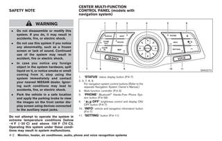 Black plate (130,1)




                                                CENTER MULTI-FUNCTION
SAFETY NOTE                                     CONTROL PANEL (models with
                                                navigation system)

                   WARNING
 .    Do not disassemble or modify this
      system. If you do, it may result in
      accidents, fire, or electric shock.
 .    Do not use this system if you notice
      any abnormality, such as a frozen
      screen or lack of sound. Continued
      use of the system may result in
      accident, fire or electric shock.
 .    In case you notice any foreign
      object in the system hardware, spill
      liquid on it, or notice smoke or smell                                                                                           SAA2273
      coming from it, stop using the
                                                1. “STATUS” status display button (P.4-7)
      system immediately and contact
                                                2, 3, 7, 8, 9.
      your nearest NISSAN dealer. Ignor-
                                                     For navigation system control buttons (Refer to the
      ing such conditions may lead to                separate Navigation System Owner’s Manual.)
      accidents, fire, or electric shock.       4. Multi-function controller (P.4-3)
 .    Park the vehicle in a safe location       5. “PHONE” Bluetooth® Hands-Free Phone Sys-
      and apply the parking brake to view            tem button (P.4-58)
      the images on the front center dis-       6. “         OFF” brightness control and display ON/
      play screen using devices connected            OFF button (P.4-7)
      to the auxiliary input jacks.             10. “INFO” vehicle and navigation information button
                                                     (P.4-7)
Do not attempt to operate the system in         11. “SETTING” button (P.4-11)
extreme temperature conditions [below
−48F (−208C) and above 1588F (708C)].
Operating this system under these condi-
tions may result in system malfunctions.
4-2   Monitor, heater, air conditioner, audio, phone and voice recognition systems



                                                                                                           Model "Z34-D" EDITED: 2009/ 3/ 30
 