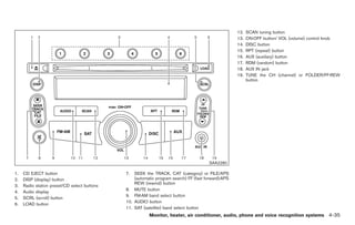 Black plate (163,1)




                                                                                                     12.   SCAN tuning button
                                                                                                     13.   ON·OFF button/ VOL (volume) control knob
                                                                                                     14.   DISC button
                                                                                                     15.   RPT (repeat) button
                                                                                                     16.   AUX (auxiliary) button
                                                                                                     17.   RDM (random) button
                                                                                                     18.   AUX IN jack
                                                                                                     19.   TUNE the CH (channel) or FOLDER/FF·REW
                                                                                                           button




                                                                                        SAA2280

1.   CD EJECT button                          7.  SEEK the TRACK, CAT (category) or FILE/APS
2.   DISP (display) button                        (automatic program search) FF (fast forward)·APS
                                                  REW (rewind) button
3.   Radio station preset/CD select buttons
                                              8. MUTE button
4.   Audio display
                                              9. FM·AM band select button
5.   SCRL (scroll) button
                                              10. AUDIO button
6.   LOAD button
                                              11. SAT (satellite) band select button
                                                         Monitor, heater, air conditioner, audio, phone and voice recognition systems 4-35



                                                                                                            Model "Z34-D" EDITED: 2009/ 3/ 30
 