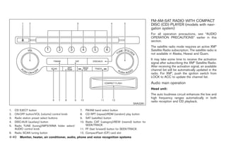 Black plate (168,1)




                                                                                                     FM-AM-SAT RADIO WITH COMPACT
                                                                                                     DISC (CD) PLAYER (models with navi-
                                                                                                     gation system)
                                                                                                     For all operation precautions, see “AUDIO
                                                                                                     OPERATION PRECAUTIONS” earlier in this
                                                                                                     section.
                                                                                                     The satellite radio mode requires an active XM®
                                                                                                     Satellite Radio subscription. The satellite radio is
                                                                                                     not available in Alaska, Hawaii and Guam.
                                                                                                     It may take some time to receive the activation
                                                                                                     signal after subscribing the XM® Satellite Radio.
                                                                                                     After receiving the activation signal, an available
                                                                                                     channel list will be automatically updated in the
                                                                                                     radio. For XM®, push the ignition switch from
                                                                                                     LOCK to ACC to update the channel list.
                                                                                                     Audio main operation
                                                                                                     Head unit:
                                                                                                     The auto loudness circuit enhances the low and
                                                                                                     high frequency ranges automatically in both
                                                                                                     radio reception and CD playback.
                                                                                        SAA2281

1.   CD EJECT button                              7.  FM·AM band select button
2.   ON·OFF button/VOL (volume) control knob      8.  CD RPT (repeat)/RDM (random) play button
3.   Radio station preset select buttons          9.  SAT (satellite) button
4.   DISC·AUX (auxiliary) button                  10. Radio CAT (category)/REW (rewind) button for
5.   Radio TUNE (tuning)/MP3/WMA folder select/       SEEK/TRACK
     AUDIO control knob                           11. FF (fast forward) button for SEEK/TRACK
6.   Radio SCAN tuning button                     12. CompactFlash (CF) card slot
4-40 Monitor, heater, air conditioner, audio, phone and voice recognition systems


                                                                                                           Model "Z34-D" EDITED: 2009/ 3/ 30
 