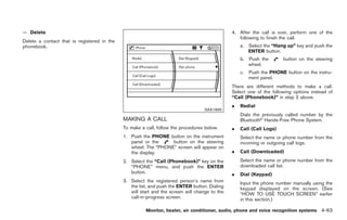 Black plate (191,1)




— Delete                                                                                       4. After the call is over, perform one of the
                                                                                                  following to finish the call.
Delete a contact that is registered in the
phonebook.                                                                                         a. Select the “Hang up” key and push the
                                                                                                      ENTER button.
                                                                                                   b.   Push the         button on the steering
                                                                                                        wheel.
                                                                                                   c. Push the PHONE button on the instru-
                                                                                                      ment panel.
                                                                                               There are different methods to make a call.
                                                                                               Select one of the following options instead of
                                                                                               “Call (Phonebook)” in step 2 above.
                                                                                               .   Redial
                                                                                   SAA1895
                                                                                                   Dials the previously called number by the
                                             MAKING A CALL                                         Bluetooth® Hands-Free Phone System.
                                             To make a call, follow the procedures below.      .   Call (Call Logs)
                                             1. Push the PHONE button on the instrument            Select the name or phone number from the
                                                panel or the     button on the steering            incoming or outgoing call logs.
                                                wheel. The “PHONE” screen will appear on
                                                the display.                                   .   Call (Downloaded)
                                             2. Select the “Call (Phonebook)” key on the           Select the name or phone number from the
                                                “PHONE” menu, and push the ENTER                   downloaded call list.
                                                button.                                        .   Dial (Keypad)
                                             3. Select the registered person’s name from           Input the phone number manually using the
                                                the list, and push the ENTER button. Dialing       keypad displayed on the screen. (See
                                                will start and the screen will change to the       “HOW TO USE TOUCH SCREEN” earlier
                                                call-in-progress screen.                           in this section.)

                                                       Monitor, heater, air conditioner, audio, phone and voice recognition systems 4-63



                                                                                                    Model "Z34-D" EDITED: 2009/ 3/ 30
 