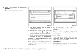 Black plate (230,1)




6. Select a voice command and then push the
   ENTER button.
   The voice recognition system starts.




                                                                                     SAA1921                                         SAA1922

                                              7. The system requests that you repeat a         Speaker Adaptation function settings:
                                                 command after a tone.
                                                                                               Edit Name
                                              8. After the tone sounds and the icon on the
                                                 screen changes from        to     , speak     Edit the user name using the keypad displayed
                                                 the command that the system requested.        on the screen.
                                              9. When the system has recognized the voice      Store Result
                                                 command, the voice of the user is learned.
                                                                                               When this item is turned to ON, the voice
                                              Push the       switch or BACK button to return   recognition system can easily recognize the
                                              to the previous screen.                          user’s voice that it has learned.
                                              If the system has learned the command cor-       Reset Result
                                              rectly, the voice command indicator on the
                                                                                               Resets the user’s voice that the voice recogni-
                                              screen turns on.
                                                                                               tion system has learned.


4-102 Monitor, heater, air conditioner, audio, phone and voice recognition systems


                                                                                                    Model "Z34-D" EDITED: 2009/ 3/ 30
 