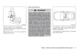 Black plate (19,1)




                                                 HEAD RESTRAINTS

                                                                   WARNING
                                                  Head restraints supplement the other
                                                  vehicle safety systems. They may pro-
                                                  vide additional protection against injury
                                                  in certain rear end collisions. Adjust the
                                                  head restraints properly, as specified in
                                                  this section. Check the adjustment after
                                                  someone else uses the seat. Do not
                                                  attach anything to the head restraint
                                                  stalks or remove the head restraint. Do
                                     SSS0684      not use the seat if the head restraint                                             SSS1007
                                                  has been removed. If the head restraint      The illustration shows the seating positions
Lumbar support (if so equipped)                   was removed, install and properly ad-
The lumbar support feature provides lower back                                                 equipped with head restraints. The head re-
                                                  just the head restraint before an occu-      straints are adjustable.
support to the driver.                            pant uses the seating position. Failure
Move the lever * up or down to adjust the
                1                                 to follow these instructions can reduce            Indicates the seating position is equipped
seatback lumbar area.                             the effectiveness of the head restraints.    with a head restraint.
                                                  This may increase the risk of serious
                                                  injury or death in a collision.




                                                                          Safety — Seats, seat belts and supplemental restraint system 1-5



                                                                                                    Model "Z34-D" EDITED: 2009/ 3/ 30
 