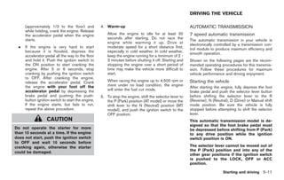 Black plate (245,1)




                                                                                                        DRIVING THE VEHICLE

     (approximately 1/3 to the floor) and          4. Warm-up                                           AUTOMATIC TRANSMISSION
     while holding, crank the engine. Release
     the accelerator pedal when the engine             Allow the engine to idle for at least 30         7 speed automatic transmission
     starts.                                           seconds after starting. Do not race the
                                                                                                        The automatic transmission in your vehicle is
                                                       engine while warming it up. Drive at
                                                                                                        electronically controlled by a transmission con-
 .   If the engine is very hard to start               moderate speed for a short distance first,
                                                                                                        trol module to produce maximum efficiency and
     because it is flooded, depress the                especially in cold weather. In cold weather,
                                                                                                        smooth operation.
     accelerator pedal all the way to the floor        keep the engine running for a minimum of 2 -
     and hold it. Push the ignition switch to          3 minutes before shutting it off. Starting and   Shown on the following pages are the recom-
     the ON position to start cranking the             stopping the engine over a short period of       mended operating procedures for this transmis-
     engine. After 5 or 6 seconds, stop                time may make the vehicle more difficult to      sion. Follow these procedures for maximum
     cranking by pushing the ignition switch           start.                                           vehicle performance and driving enjoyment.
     to OFF. After cranking the engine,
     release the accelerator pedal. Crank              When racing the engine up to 4,500 rpm or        Starting the vehicle
     the engine with your foot off the                 more under no load condition, the engine
                                                                                                        After starting the engine, fully depress the foot
     accelerator pedal by depressing the               will enter the fuel cut mode.
                                                                                                        brake pedal and push the selector lever button
     brake pedal and pushing the push-             5. To stop the engine, shift the selector lever to   before shifting the selector lever to the R
     button ignition switch to start the engine.      the P (Park) position (AT model) or move the      (Reverse), N (Neutral), D (Drive) or Manual shift
     If the engine starts, but fails to run,          shift lever to the N (Neutral) position (MT       mode position. Be sure the vehicle is fully
     repeat the above procedure.                      model), and push the ignition switch to the       stopped before attempting to shift the selector
                                                      OFF position.                                     lever.
                  CAUTION                                                                               This automatic transmission model is de-
                                                                                                        signed so that the foot brake pedal must
Do not operate the starter for more                                                                     be depressed before shifting from P (Park)
than 15 seconds at a time. If the engine                                                                to any drive position while the ignition
does not start, push the ignition switch                                                                switch position is ON.
to OFF and wait 10 seconds before
cranking again, otherwise the starter                                                                   The selector lever cannot be moved out of
                                                                                                        the P (Park) position and into any of the
could be damaged.
                                                                                                        other gear positions if the ignition switch
                                                                                                        is pushed to the LOCK, OFF or ACC
                                                                                                        position.

                                                                                                                            Starting and driving 5-11



                                                                                                             Model "Z34-D" EDITED: 2009/ 3/ 30
 