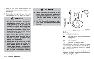 Black plate (246,1)




1. Keep the foot brake pedal depressed and
   push the selector lever button to shift into a                    CAUTION
   driving gear.
                                                    .   When stopping the vehicle on an
2. Release the parking brake and foot brake,            uphill grade, do not hold the vehicle
   then gradually start the vehicle in motion.          by depressing the accelerator pedal.
                                                        The foot brake should be used for
                    WARNING                             this purpose.
 .   Do not depress the accelerator                 .   Do not downshift abruptly on slip-
     pedal while shifting from P (Park)                 pery roads. This may cause a loss of
     or N (Neutral) to R (Reverse) D                    control.
     (Drive), or manual shift mode. Al-
     ways depress the brake pedal until
     shifting is completed. Failure to do                                                                                               SSD0827
                                                                                                                  Selector lever
     so could cause you to lose control
     and have an accident.                                                                      Shifting
                                                                                                To move the selector lever,
 .   Cold engine idle speed is high, so
     use caution when shifting into a                                                              :     Push the button while depressing the
     forward or reverse gear before the                                                                  brake pedal,
     engine has warmed up.                                                                         :     Push the button,
 .   Never shift to P (Park) or R (Re-
                                                                                                    :    Just move the selector lever.
     verse) while vehicle is moving for-
     ward. Never shift to P (Park) or D                                                         After starting the engine, fully depress the brake
     (Drive) while vehicle is moving rear-                                                      pedal and shift the selector lever from P (Park)
     ward. Failure to do so could cause                                                         to R (Reverse), N (Neutral), D (Drive) or Manual
                                                                                                shift mode position.
     you to lose control and have an
     accident.                                                                                  Push the button to shift into P (Park) or R
                                                                                                (Reverse). All other positions can be selected
                                                                                                without pushing the button.

5-12 Starting and driving


                                                                                                       Model "Z34-D" EDITED: 2009/ 3/ 30
 