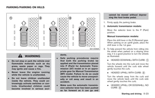 Black plate (257,1)




PARKING/PARKING ON HILLS

                                                                                             cannot be moved without depres-
                                                                                             sing the foot brake pedal.

                                                                                      1. Firmly apply the parking brake.
                                                                                      2. Automatic transmission models:
                                                                                         Move the selector lever to the P (Park)
                                                                                         position.
                                                                                         Manual transmission models:
                                                                                         Place the shift lever in the R (Reverse) gear.
                                                                                         When parking on an uphill grade, place the
                                                                                         shift lever in the 1st gear.
                                                                           SD1006MA   3. To help prevent the vehicle from rolling into
                                                                                         the street when parked on a sloping drive
                                                dents.                                   way, it is a good practice to turn the wheels
                 WARNING                                                                 as illustrated.
                                            .   Safe parking procedures require
 .   Do not stop or park the vehicle over       that both the parking brake be           .    HEADED DOWNHILL WITH CURB: *
                                                                                                                         1

     flammable materials such as dry            applied and the transmission placed      Turn the wheels into the curb and move the
     grass, waste paper or rags. They           into P (Park) for Automatic Trans-       vehicle forward until the curb side wheel
     may ignite and cause a fire.               mission (AT) model or in an appro-       gently touches the curb.
                                                priate gear for Manual Transmission
 .   Never leave the engine running
                                                (MT) model. Failure to do so could
                                                                                         .    HEADED UPHILL WITH CURB:         *
                                                                                                                               2
     while the vehicle is unattended.
                                                cause the vehicle to move unexpect-      Turn the wheels away from the curb and
 .   Do not leave children unattended           edly or roll away and result in an       move the vehicle back until the curb side
     inside the vehicle. They could un-         accident.                                wheel gently touches the curb.
     knowingly activate switches or con-
     trols. Unattended children could       .   Make sure the automatic transmis-        .    HEADED UPHILL OR DOWNHILL, NO
                                                sion selector lever has been pushed           CURB: *
                                                                                                    3
     become involved in serious acci-
                                                as far forward as it can go and
                                                                                                          Starting and driving 5-23



                                                                                             Model "Z34-D" EDITED: 2009/ 3/ 30
 