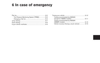 Black plate (19,1)




6 In case of emergency

Flat tire . . . . . . . . . . . . . . . . . . . . . . . . . . . . . . . . . . . . . . . . . . . . . . . . . . . . . . . . . . . . 6-2   Towing your vehicle . . . . . . . . . . . . . . . . . . . . . . . . . . . . . . . . . . . . . . . . . .   6-10
    Tire Pressure Monitoring System (TPMS). . . . . . . . . . . . . 6-2                                                                   Towing recommended by NISSAN
    Changing a flat tire . . . . . . . . . . . . . . . . . . . . . . . . . . . . . . . . . . . . . . . . . 6-2                            (except for NISMO models) . . . . . . . . . . . . . . . . . . . . . . . . . . . .                       6-11
Jump starting . . . . . . . . . . . . . . . . . . . . . . . . . . . . . . . . . . . . . . . . . . . . . . . . . . . . 6-7                 Towing recommended by NISSAN
Push starting. . . . . . . . . . . . . . . . . . . . . . . . . . . . . . . . . . . . . . . . . . . . . . . . . . . . . 6-9                (NISMO models). . . . . . . . . . . . . . . . . . . . . . . . . . . . . . . . . . . . . . . . . .       6-13
If your vehicle overheats. . . . . . . . . . . . . . . . . . . . . . . . . . . . . . . . . . . . . . . 6-9                                Vehicle recovery (freeing a stuck vehicle) . . . . . . . . . . .                                        6-13




                                                                                                                                                                                                      Model "Z34-D" EDITED: 2009/ 3/ 30
 