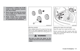 Black plate (269,1)




    transmission is shifted into R (Re-
    verse), or the automatic transmis-
    sion into P (Park).
.   Never change tires when the vehicle
    is on a slope, ice or slippery areas.
    This is hazardous.
.   Never change tires if oncoming
    traffic is close to your vehicle. Wait
    for professional road assistance.




                                                                                   MCE0001A                                            SCE0789

                                             Blocking wheels                                      Getting the spare tire and tools
                                             Place suitable blocks * at both the front and
                                                                      1                           Raise the cargo room carpet and floor cover.
                                             back of the wheel diagonally opposite the flat
                                             tire to prevent the vehicle from moving when it is   Remove jacking tools * located inside the
                                                                                                                           A

                                             jacked up.                                           cargo room as illustrated. Remove the cap *
                                                                                                                                            B
                                                                                                  holding the spare tire.

                                                                 WARNING
                                              Be sure to block the wheel as the
                                              vehicle may move and result in personal
                                              injury.




                                                                                                                     In case of emergency 6-3



                                                                                                       Model "Z34-D" EDITED: 2009/ 3/ 30
 