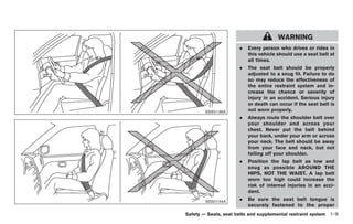 Black plate (23,1)




                                        WARNING
                      .   Every person who drives or rides in
                          this vehicle should use a seat belt at
                          all times.
                      .   The seat belt should be properly
                          adjusted to a snug fit. Failure to do
                          so may reduce the effectiveness of
                          the entire restraint system and in-
                          crease the chance or severity of
                          injury in an accident. Serious injury
                          or death can occur if the seat belt is
        SSS0136A          not worn properly.
                      .   Always route the shoulder belt over
                          your shoulder and across your
                          chest. Never put the belt behind
                          your back, under your arm or across
                          your neck. The belt should be away
                          from your face and neck, but not
                          falling off your shoulder.
                      .   Position the lap belt as low and
                          snug as possible AROUND THE
                          HIPS, NOT THE WAIST. A lap belt
                          worn too high could increase the
                          risk of internal injuries in an acci-
                          dent.
        SSS0134A
                      .   Be sure the seat belt tongue is
                          securely fastened to the proper
Safety — Seats, seat belts and supplemental restraint system 1-9



                          Model "Z34-D" EDITED: 2009/ 3/ 30
 