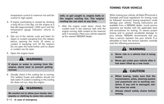 Black plate (276,1)




                                                                                                         TOWING YOUR VEHICLE

    temperature control to maximum hot and fan         with, or get caught in, engine belts or           When towing your vehicle, all State (Provincial in
    control to high speed.                             the engine cooling fan. The engine                Canada) and local regulations for towing must
                                                                                                         be followed. Incorrect towing equipment could
3. If engine overheating is caused by climbing         cooling fan can start at any time.
                                                                                                         damage your vehicle. Towing instructions are
   a long hill on a hot day, run the engine at a                                                         available from a NISSAN dealer. Local service
   fast idle (approximately 1,500 rpm) until the      7. After the engine cools down, check the
                                                         coolant level in the reservoir tank with the    operators are familiar with the applicable laws
   temperature gauge indication returns to                                                               and procedures for towing. To assure proper
   normal.                                               engine running. Add coolant to the reservoir
                                                         tank if necessary. Have your vehicle repaired   towing and to prevent accidental damage to
4. Get out of the vehicle. Look and listen for           at the nearest NISSAN dealer.                   your vehicle, NISSAN recommends that you
   steam or coolant escaping from the radiator                                                           have a service operator tow your vehicle. It is
   before opening the hood. (If steam or                                                                 advisable to have the service operator carefully
   coolant is escaping, turn off the engine.)                                                            read the following precautions.
   Do not open the hood further until no steam
   or coolant can be seen.                                                                                                   WARNING
5. Open the engine hood.                                                                                  .   Never ride in a vehicle that is being
                                                                                                              towed.
                     WARNING                                                                              .   Never get under your vehicle after it
 If steam or water is coming from the                                                                         has been lifted by a tow truck.
 engine, stand clear to prevent getting
 burned.
                                                                                                                              CAUTION
6. Visually check if the cooling fan is running.
   The radiator hoses and radiator should not                                                             .   When towing, make sure that the
   leak water. If coolant is leaking or the cooling                                                           transmission, axles, steering system
   fan does not run, stop the engine.                                                                         and powertrain are in working con-
                                                                                                              dition. If any unit is damaged, dol-
                     WARNING                                                                                  lies must be used.
                                                                                                          .   Always attach safety chains before
 Be careful not to allow your hands, hair,                                                                    towing.
 jewelry or clothing to come into contact
6-10 In case of emergency


                                                                                                              Model "Z34-D" EDITED: 2009/ 3/ 30
 
