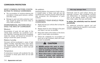 Black plate (288,1)




CORROSION PROTECTION

MOST COMMON FACTORS CONTRI-                          Air pollution                                                  this may damage them.
BUTING TO VEHICLE CORROSION                          Industrial pollution, the presence of salt in the air
                                                     in coastal areas, or heavy road salt use will             Chemicals used for road surface deicing are
.     The accumulation of moisture-retaining dirt
                                                     accelerate the corrosion process. Road salt will          extremely corrosive. They accelerate corrosion
      and debris in body panel sections, cavities,
                                                     also accelerate the disintegration of paint               and deterioration of underbody components
      and other areas.
                                                     surfaces.                                                 such as the exhaust system, fuel and brake
.     Damage to paint and other protective coat-                                                               lines, brake cables, floor pan and fenders.
      ings caused by gravel and stone chips or       TO PROTECT YOUR VEHICLE FROM
                                                                                                               In winter, the underbody must be cleaned
      minor traffic accidents.                       CORROSION                                                 periodically.
ENVIRONMENTAL FACTORS INFLU-                         .       Wash and wax your vehicle often to keep the
                                                             vehicle clean.                                    For additional protection against rust and
ENCE THE RATE OF CORROSION                                                                                     corrosion, which may be required in some areas,
Moisture                                             .       Always check for minor damage to the paint        consult a NISSAN dealer.
                                                             and repair it as soon as possible.
Accumulation of sand, dirt and water on the
vehicle body underside can accelerate corro-         .       Keep drain holes at the bottom of the doors
sion. Wet floor coverings will not dry completely            open to avoid water accumulation.
inside the vehicle, and should be removed for
                                                     .       Check the underbody for accumulation of
drying to avoid floor panel corrosion.
                                                             sand, dirt or salt. If present, wash with water
Relative humidity                                            as soon as possible.
Corrosion will be accelerated in areas of high
relative humidity, especially those areas where                               CAUTION
the temperatures stay above freezing where
atmospheric pollution exists, or where road salt         .    NEVER remove dirt, sand or other
is used.                                                      debris from the passenger compart-
                                                              ment by washing it out with a hose.
Temperature                                                   Remove dirt with a vacuum cleaner.
A temperature increase will accelerate the rate
                                                         .    Never allow water or other liquids to
of corrosion to those parts which are not well
ventilated.                                                   come in contact with electronic
                                                              components inside the vehicle as

7-6     Appearance and care



                                                                                                                    Model "Z34-D" EDITED: 2009/ 3/ 30
 